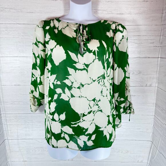 Talbots 2XP green white Floral Cottage Coquette women peasant Blouse Petite fall - Picture 1 of 7
